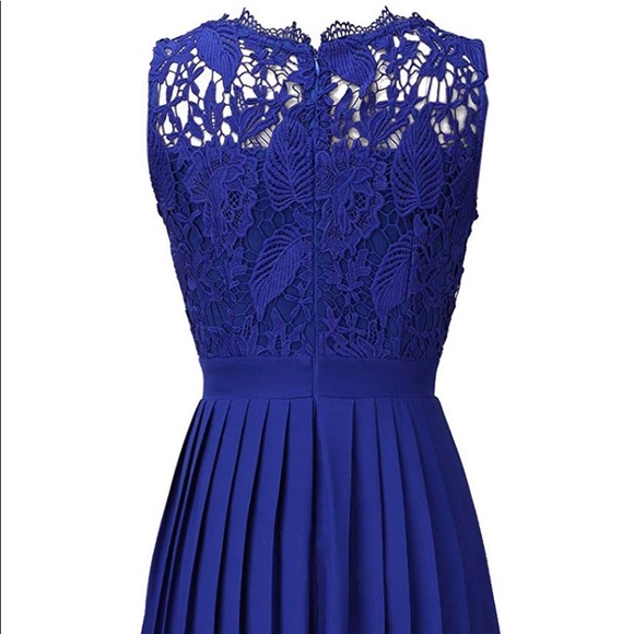VFSHOW Women's Pleated Lace Midi Dress - Dark Blue Floral, V-Neck, Pockets, Business Office Dress